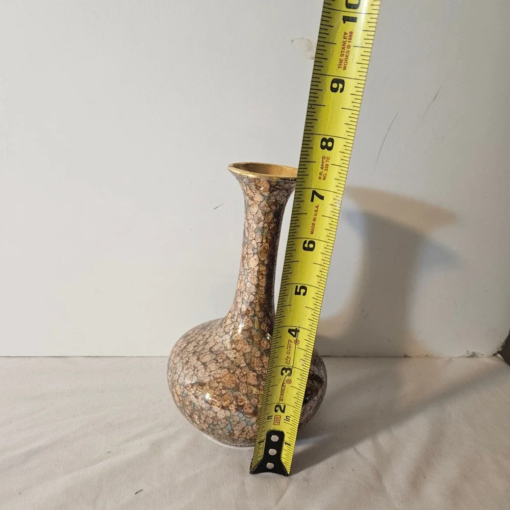 Vintage Holley Ross Pottery Bud Vase Brown Agate Marbleized Glaze Gold USA MCM